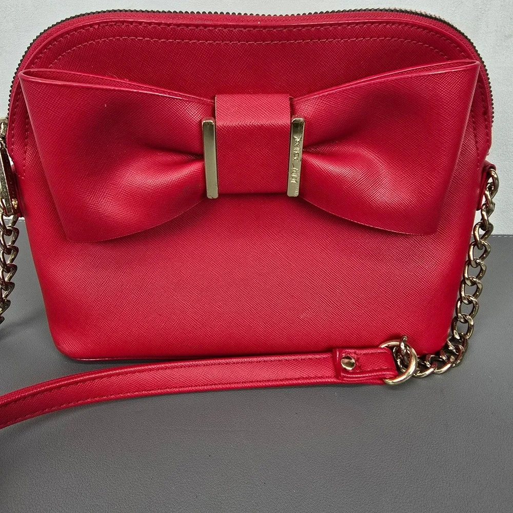 Betsey Johnson Red Saffiano Faux Leather Bow Crossbody Dome Bag Gold Hardware
